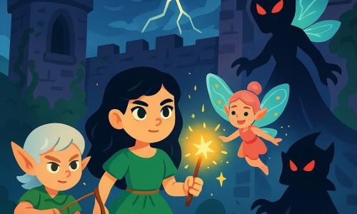 Elara, a young woman with hair as black as night and bright emerald eyes, stands bravely in front of a dark castle, her face determined and resolute. She wears a green dress adorned with golden leaves and holds a glowing wand that radiates a soft light. Beside her, an elf with silver hair, around 100 years old, with pointed ears and bright eyes, draws a shimmering arrow from his bow, ready to defend Elara. A faerie with iridescent wings, pink hair, and a mischievous smile flits around them, casting sparks of light to encourage them. The setting is an ancient castle shrouded in threatening shadows, with stone walls covered in dark vines and broken windows letting in a chill breeze. Lightning flashes through the dark clouds above, creating an atmosphere that is both eerie and magical. The main scene shows Elara standing proudly against the Shadow Queen, a sinister figure with glowing red eyes, ready to engage in an epic battle to save the enchanted forest.