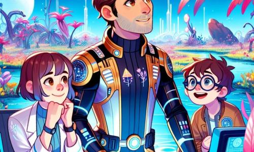 El personaje principal, el comandante Leo, es un hombre de unos 35 años, con cabello castaño y ojos llenos de curiosidad. Lleva un traje espacial brillante, adornado con símbolos de exploración, y muestra una expresión de determinación y asombro mientras observa un paisaje extraterrestre fascinante. A su lado, Carla, una mujer de 30 años, ingeniera de sistemas, tiene el cabello corto y usa gafas que le dan un aire inteligente. Está inclinada sobre un dispositivo de medición, concentrada en sus datos, mientras lanza miradas admirativas hacia Leo. Marco, un joven de 25 años, aspirante a biólogo, está un poco apartado, maravillado por una planta luminiscente que examina con una sonrisa de emoción. El lugar es un claro verde en el planeta Systara, donde plantas coloridas bailan al viento y una fuente de agua cristalina brilla bajo la luz de una estrella lejana, creando una atmósfera mágica y pacífica. La escena principal muestra a Leo, Carla y Marco descubriendo este nuevo entorno, con Leo levantando la mano para saludar a una criatura local que los observa con curiosidad, mientras destellos de luz emanan de la planta que Marco examina, simbolizando la promesa de una nueva aventura.