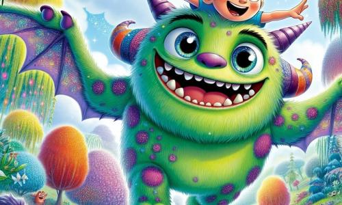 Gluki, un monstruo amigable con piel verde y peluda salpicada de brillantes lunares morados, vuela alegremente en el aire, sus grandes ojos redondos iluminados por la alegría. Tiene una amplia sonrisa que muestra sus pequeños dientes blancos, y sus largas orejas puntiagudas flotan al viento. A su lado, Nico, un niño de 8 años con el cabello castaño despeinado y ojos chispeantes de curiosidad, se aferra a su espalda, riendo de felicidad mientras señala las maravillas del paisaje abajo. Su aventura ocurre en el Bosque de los Sueños, un lugar mágico donde los árboles de hojas multicolores se elevan hacia un cielo azul brillante, y donde las flores cantan melodías suaves. Ríos centelleantes serpentean por el suelo, y estrellas brillan incluso durante el día, creando una atmósfera de cuento de hadas. La escena principal muestra a Gluki y Nico volando juntos sobre el lago mágico, rodeados de criaturas fantásticas que los miran con asombro, celebrando su nueva amistad en un mundo donde la magia y la alegría se encuentran.