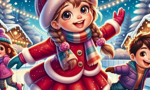 Una niña de 9 años, llamada María, está en el centro de la imagen, con grandes ojos brillantes y mejillas rosadas, vestida con un abrigo rojo brillante, un gorro de lana y guantes multicolores. Sonríe con alegría, con los brazos levantados, mientras patina sobre una pista de hielo brillante, rodeada de copos de nieve que caen suavemente. A su derecha, Lucas, un niño de 10 años con cabello castaño alborotado y una sonrisa traviesa, hace una pirueta con sus patines, vestido con una chaqueta azul y una bufanda rayada. A la izquierda, Sofía, una niña de 9 años con trenzas y un gorro rosa, aplaude riendo, vistiendo un abrigo violeta y botas forradas. El escenario es una encantadora pista de patinaje al aire libre, rodeada de abetos nevados, guirnaldas luminosas y cabañas de madera decoradas para las fiestas. La atmósfera es festiva y alegre, con niños jugando y riendo alrededor. La situación principal muestra a María patinando con entusiasmo, disfrutando de la magia del invierno, mientras sus amigos la animan y se divierten con ella, creando un momento de felicidad compartida en pleno invierno.