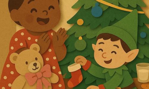 Bambina di 2 anni che sorride meravigliata, capelli castani raccolti in un piccolo chignon e vestito rosso a pois bianchi, applaude accanto all'albero di Natale; il folletto Pino, ragazzino gioioso con pelle chiara, cappello verde a punta e costume rosso e verde con rifiniture dorate, pone un piccolo calzino rosso su un ramo basso; nella sue braccia un orsacchiotto beige con grande fiocco rosa leggermente stropicciato; salotto caldo con luce gialla, tappeto verde, albero decorato con palline blu e dorate e ghirlande lucenti, un tavolino con tre biscotti e una tazza di latte; scena principale: il folletto combina piccole marachelle ai piedi dell'albero mentre la bambina applaude e una scia di briciole conduce alla tazza di latte.