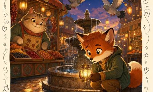 Zayn, a young anthropomorphic fox with bright hazel eyes and a bushy red coat, looks curious and awed as he holds a warm brass lantern between his paws, leaning forward as if listening; Aunt Saffron, a round smiling merchant cat with fine whiskers and a spice-patterned apron, watches amusedly from behind a dried-fruit stall to the left; two pale gray pigeons glide above a stone fountain at the center of a neighborhood market at dusk—colorful wooden stalls, hanging lantern garlands and wet cobbles reflecting gold and orange light; the scene is soft, warm and luminous, with ochre, copper and amber tones contrasting a deep twilight blue sky.