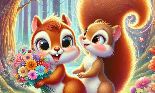 Nutty, a small squirrel with sparkling eyes and light brown fur, stands on his hind legs, proudly holding a bouquet of colorful flowers with a big smile on his face, overflowing with excitement and love. Next to him, Ma Squirrel, a sweet and warm mother squirrel with slightly darker fur and affectionate eyes, looks at him in wonder, arms open to embrace him, showing an expression of joy and pride. The scene takes place in the heart of the Whispering Woods, an enchanting place where majestic trees rise towards the sky, their leaves dancing in the breeze, and the ground is covered with bright flowers glistening in the sun. In the distance, a stream softly murmurs, adding a touch of magic to the atmosphere. Nutty proudly presents his bouquet of magical flowers to Ma Squirrel for Mother's Day, creating a tender and joyful moment filled with love and gratitude.