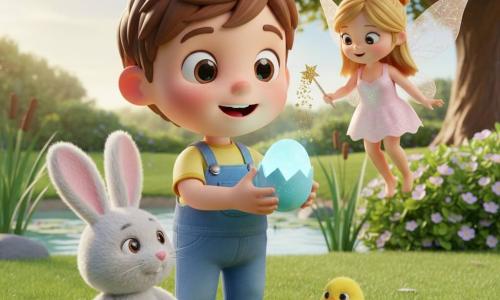 A joyful, wide-eyed 4-year-old boy with short brown hair, wearing a blue overall and yellow shoes, delicately holds a small shiny blue egg; a soft white plush rabbit named Mr. Whiskers with large embroidered eyes sits beside him watching, while a tiny fluffy yellow chick (Peep) emerges from the egg near the boy's feet and a small sparkling fairy named Sparkle, feminine-presenting and wearing a pale pink dress with translucent wings, sprinkles golden glitter above; background shows a calm pond with green reeds, a large leafy oak, and pastel flowering bushes in warm morning light, textured green grass, joyful magical mood, centered composition, smooth 3D figurine rendering, saturated colors, soft shadows and tactile details (fur, fabric, feathers).