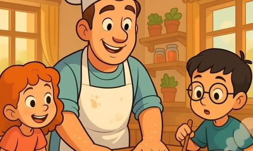 A smiling, kind chef named Benny, about 40, short chestnut hair, flour-streaked white apron and flour-dusted hands, rolls a large dough on a wooden table while looking at children with sparkling eyes; Emma, about 8, curly red hair, amazed expression, stands left of the chef leaning on the table with hands ready to touch the dough; Max, about 7, short black hair, round glasses, curious and focused, holds a wooden spoon near a steaming pot to the chef's right; bright community hall with shiny parquet floor, large open windows letting in golden sunlight, shelves with herb pots and jars of tomatoes; joyful cooking workshop—chef demonstrating homemade pasta, shiny dough under the light, red sauce gently bubbling, steam clouds and children's laughter.