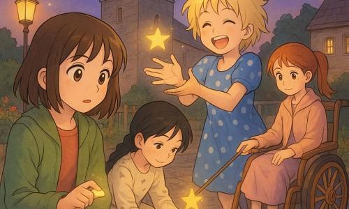 Four girls, about 10 years old: Mira with straight brown hair and curious eyes in a green jacket holding a small shiny pebble, seated front left looking at the clocktower's watch; Sora with short messy blond hair and a wide smile in a blue polka-dot dress laughing and reaching with both hands toward a fallen star at center right; Ana with long black hair in a braid, ink-stained cream dress, crouched center left drawing a seed in the soil with a notebook and pencil; June with tied red hair in a wooden wheelchair with decorated wheels, wearing a pastel coat and using a long stick to gently pick up a star near a bench at back right. The scene is a small village square at dusk with rain-glossed cobbles, a large stone clocktower with a small hollow where a star glows, warm streetlamps, a wooden bridge and a vegetable garden with saturated flowers and veggies. Main action: the four girls gather under the clocktower, gently collecting fallen stars and returning them to the village with precise, tender gestures and focused, amazed expressions; soft, luminous atmosphere in pastel tones mixed with golden star highlights, composition centered on their hands and Mira’s pebble.