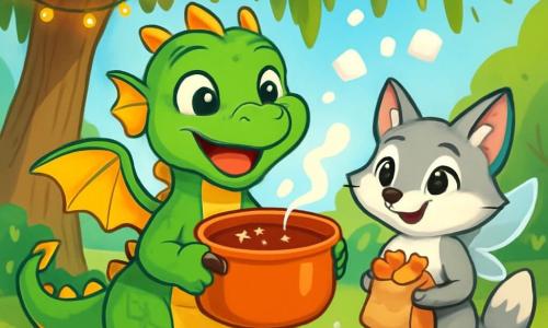 A small green dragon named Pippin, with shiny scales and sparkling eyes full of joy, stands at the center of a sunny scene, smiling broadly while holding a large pot of steaming hot chocolate. His wings shimmer in the light, and he looks excited and happy. Next to him, Miri, a silver fox with small translucent wings, gazes at Pippin with a warm smile, her eyes shining with enthusiasm. She holds a small paper bag filled with heart-shaped cookies and stands slightly back, ready to help. The setting is a lovely park under a large willow tree, with twinkling lights hanging from the branches. Colorful flowers line the ground, and a gentle breeze makes the leaves dance. The main scene shows Pippin serving hot chocolate in colorful cups, while marshmallows fly through the air, creating a joyful and playful atmosphere, full of laughter and camaraderie.