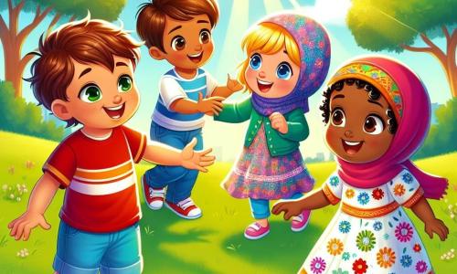 Een vierjarig jongetje genaamd Sam, met bruin haar en sprankelende ogen, glimlacht vrolijk terwijl hij speelt in een zonnig park. Hij draagt een rood t-shirt en een blauwe short, en hij steekt zijn hand uit naar zijn nieuwe vrienden, wat zijn enthousiasme toont. Naast hem staat Lila, een vierjarig meisje met blond haar en een kleurrijke bloemenjurk. Ze lacht en kijkt Sam met een brede glimlach aan, klaar om met de andere kinderen te spelen. Amir, een vijfjarig jongetje met een mooie kleurrijke sjaal om zijn nek, staat wat op de achtergrond, maar zijn gezicht straalt een warme glimlach uit. Aisha, een vijfjarig meisje met een leuke hoed op haar hoofd, springt van blijdschap, met glinsterende ogen van opwinding. Het park is vol groen, met majestueuze bomen, stralende bloemen en kinderen die overal spelen. De lucht is blauw en zonnig, wat een vrolijke en gastvrije sfeer creëert. De hoofdscène toont Sam, Lila, Amir en Aisha die samen spelen, lachen en plezier hebben, wat het idee van vriendschap en tolerantie tussen kinderen van verschillende oorsprongen illustreert.