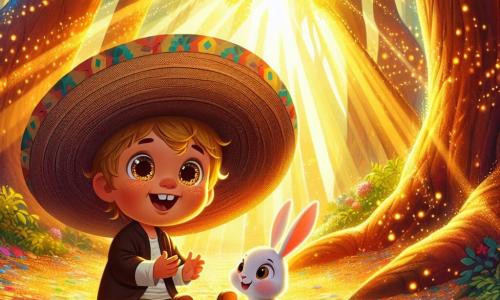 Un niño pequeño de 2 años, Lucas, con grandes ojos brillantes de curiosidad y una sonrisa radiante, lleva un sombrero demasiado grande que le cae sobre la frente. Está sentado sobre una alfombra de hojas coloridas, rodeado de hojas rojas y amarillas, sosteniendo una galleta en sus pequeñas manos, con una expresión de alegría y asombro en su rostro. A su lado está Pipo, un adorable conejito blanco con largas y suaves orejas, que mira a Lucas con una expresión traviesa. Pipo está sentado sobre sus patas traseras, listo para saltar, y parece ansioso por compartir esta aventura deliciosa. El lugar es un bosque encantado, bañado en luz dorada, donde los majestuosos árboles tienen troncos gruesos y follaje exuberante. Los rayos de sol se filtran a través de las ramas, iluminando el suelo cubierto de hojas multicolores, creando una atmósfera mágica y cálida. La situación principal muestra a Lucas y Pipo descubriendo una gran caja de madera decorada con patrones coloridos, que parece misteriosa. Lucas, con una mirada maravillada, se prepara para abrir la caja, mientras que Pipo, curioso, se inclina hacia adelante, ansioso por ver lo que contiene.
