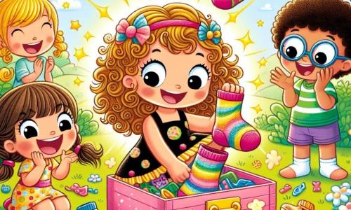 Uma menina de 6 anos, Clarinha, com grandes olhos brilhantes e cabelos encaracolados e dourados, está no centro da imagem, sorridente e cheia de energia. Ela usa um vestido colorido com bolinhas e tenta colocar meias mágicas que dançam ao seu redor, com um ar travesso e alegre. Ao seu lado, um menino de 7 anos, Lucas, com cabelos castanhos e óculos redondos, ri segurando uma das meias que escapuliu, enquanto outra menina, Sofia, de 6 anos, com tranças e um vestido rosa, aplaude entusiasticamente, com os olhos brilhando de excitação. O cenário é um jardim ensolarado, cheio de flores coloridas, árvores verdes e uma caixa de brinquedos aberta, de onde saem brinquedos espalhados. A situação principal mostra Clarinha tentando calçar as meias mágicas, que parecem ter vontade própria, pulando e dançando ao seu redor, enquanto seus amigos a incentivam com risadas e gritos de alegria.