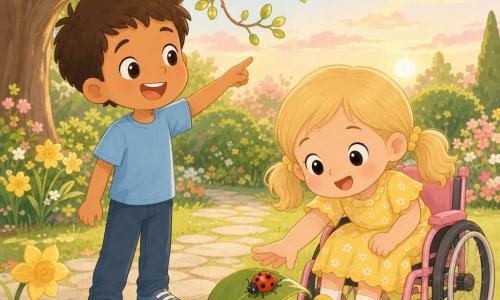 Twee kinderen: Pieter, jongen ~6 jaar, kort bruin haar, lichtblauw T‑shirt, links wijzend naar een tak; Emma, meisje ~5 jaar, blonde staartjes, gele bloemetjesjurk, in een klein roze rolstoeltje rechts van Pieter reikend naar een rood met zwarte stippen gelukskind (lieveheersbeestje) op een blad; locatie: zonnige lentetuin met groen gras, lichte stenen paden, grote boom met frisse bladknoppen, gele bloemenperken en struiken, lichtblauwe lucht met roze avondwolkjes; sfeer zacht en pastel met gouden zonlicht, verwonderde gezichten, eenvoudige leesbare compositie voor kinderen.