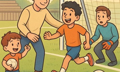 A man named Ben smiles gently, short brown hair, fair skin, kindly looking as he extends his leg to pass a white worn ball; a young man named Omar (about 18) with slightly curly black hair goes from surprised to joyful as he receives the ball in front of the goal and runs to shoot, an explosive expression of happiness; a boy named Milo (about 6) holds a small scuffed ball by the fence, eyes bright and smiling mouth, jumping for joy at the left edge of the field; the goalkeeper (about 20) kneels before the net with colorful gloves, watching the ball enter the goal; the pitch is shiny green with crisp white lines, a white net, a small metal fence and blurred simple stands in the background, soft late-afternoon light, long shadows and warm pastel colors; the main action shows the ball rolling into the net while Ben runs to embrace Omar, full of movement and shared joy; graphic style: thick outlines, soft colors, pencil textures, expressive faces and simple features suitable for 4-year-olds.