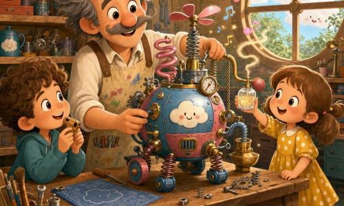 Un inventator souriant, moustachu en deux petits brosses, tablier beige taché de peinture et cheveux gris en bataille, penché sur une table d’atelier en tenant un petit engin brillant à roues et ressorts; à gauche, un garçon d'environ 8 ans aux cheveux bouclés bruns tient un petit sifflet en bois et regarde l'inventeur; à droite, une fille d'environ 6 ans en robe jaune à pois blancs tend une fiole de parfum qui sent les crêpes vers la machine; l'atelier, chaleureux et désordonné, a des étagères en bois pleines d'outils, des posters de nuages souriants et une fenêtre ronde qui diffuse une lumière douce; sur la table trône la 