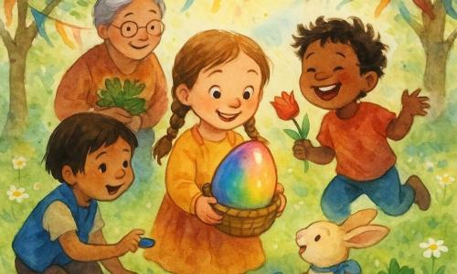 Ein rundgesichtiges sechsjähriges Mädchen mit hellbraunen Zöpfen und staunendem Lächeln hält in einem kleinen Weidenkorb behutsam ein großes, regenbogenfarben schimmerndes Ei; ihr vierjähriger Bruder mit zerzaustem Haar und rosigen Wangen lacht und hüpft neben ihr, während er ihr eine rote Tulpe reicht; eine sechsjährige Freundin mit kurzem dunkelbraunem Haar und blauer Weste hockt am Teichrand und zeigt ihr einen kleinen blauen Kiesel; hinter den Kindern steht links eine lächelnde Großmutter (etwa 65) mit grauem Dutt und einem Bund Petersilie; der cremefarbene Hase Hoppel mit einer blauen Schleife am Hals sitzt neben dem Korb und blickt verschmitzt auf das Ei; Frühlingsgarten mit grüner Wiese und Gänseblümchen, blühendem Apfelbaum und bunten Bändern zwischen den Bäumen; das Ei leuchtet sanft und wärmt die Szene, umgeben von farbigen Gegenständen (rote Tulpe, blauer Kiesel, gelbe Narzisse, grüne Petersilienblatt), fröhliche einladende Atmosphäre.