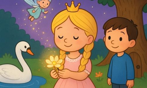 Prinzessin (Mädchen) in der Mitte, sanft lächelndes Gesicht, blond geflochtenes Haar, blassrosa Kleid mit heller Spitze, hält eine geöffnete Glasblume, Prinz (Junge) etwa 6 Jahre, kurze braune Haare, schlichtes blaues Gewand, steht schüchtern lächelnd neben einer alten Eiche rechts und schaut zur Prinzessin, glatter weißer Schwan links schwimmt in einem kleinen glänzenden blauen See und neigt den Hals zur Prinzessin, winzige leuchtende Fee mit silbernem Haar und durchsichtigen Flügeln schwebt über der Blume und sprüht goldene Funken, alte Eiche mit runder Holztür und breiten Ästen im Hintergrund rechts, Abendgarten mit weichem grünem Gras, bunten Blumen, violettem Himmel und aufkommenden Sternen; Hauptszene: die Prinzessin zeigt die sich öffnende Glasblume, die ein warmes goldenes Licht verbreitet, alle schauen staunend, warme friedliche Stimmung, kräftige Farben, runde Formen und einfache, ausdrucksstarke Linien für Kleinkinder.
