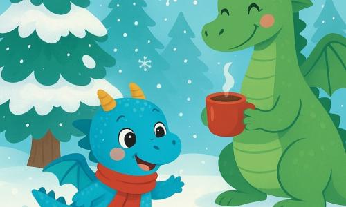 Un mic dragon albastru pe nume Dodo, cu solzi strălucitori și ochi plini de curiozitate, merge vesel prin zăpada proaspătă, lăsând în urmă urme delicate. Zâmbește, obrajii îi sunt roz de frig, iar la gât poartă un fular roșu aprins. Aproape de el, mama dragon, mare și blândă, cu solzi verzi și aripi mărețe, îl observă cu un zâmbet tandru, ținându-i o cană de ciocolată caldă. Are un aspect cald și protector, stând lângă un brad mare acoperit de zăpadă. Peisajul este o pădure fermecată, cu copaci înalți cu ramuri încărcate de fulgi de zăpadă strălucitori și un cer albastru deschis cu câțiva nori pufoși. Scena principală îl arată pe Dodo distrându-se sărind în zăpadă, stropind fulgi în jurul său, în timp ce mama dragon îl încurajează cu bucurie, creând o atmosferă de fericire și magie de iarnă.