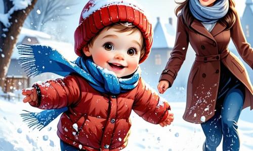 Un niño de 1 año, Lucas, con mejillas rosadas y ojos brillantes de alegría, lleva un gorro rojo y una bufanda azul. Está saltando en la nieve, salpicando copos a su alrededor con una gran sonrisa en su rostro. A su lado, su mamá, una mujer de unos 30 años con el cabello castaño recogido en un moño, lleva un abrigo cálido y guantes. Ella sonríe mientras mira a Lucas, sosteniendo una bola de nieve lista para ser lanzada. El lugar es un parque invernal mágico, con árboles cubiertos de nieve brillante, un cielo azul claro y copos de nieve cayendo suavemente. La escena principal muestra a Lucas y su mamá construyendo un gran muñeco de nieve, con una zanahoria como nariz y botones de chocolate, mientras la nieve sigue cayendo, creando un ambiente alegre y festivo.