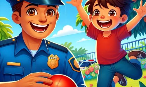Un policía llamado Juan es representado como un hombre alto y sonriente, vistiendo un uniforme azul con una gorra a juego. Tiene cabello castaño y ojos brillantes de amabilidad, y se ríe alegremente mientras sostiene una pelota roja en sus manos. A su lado está Pablo, un niño de unos 8 años, con cabello castaño desordenado y una camiseta roja. Salta de alegría, con los brazos levantados y una gran sonrisa en el rostro, expresando su felicidad por haber encontrado su pelota. La escena tiene lugar en un jardín colorido, lleno de flores brillantes y un gran árbol de mango, bajo un cielo azul claro. El sol brilla, creando un ambiente alegre y cálido. La situación principal muestra a Juan y Pablo celebrando el descubrimiento de la pelota roja, rodeados de risas y una atmósfera amigable, ilustrando el espíritu de camaradería y ayuda en su vecindario.