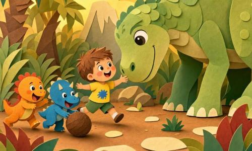 Niño de 4 años, rostro redondo y mejillas sonrosadas, pelo castaño corto, mirada maravillada y gran sonrisa; lleva camiseta amarilla con mancha de pintura azul y pantalón corto verde, corre con los brazos extendidos hacia un dinosaurio amigo. Dinosaurio verde claro, textura escamosa estilizada como papel, grande pero dócil, ojos redondos y amistosos; se inclina para saludar al niño, hocico cerca de su mano en postura protectora. Dos pequeños dinosaurios juguetones, naranja y azul, tamaño infantil, ruedan un coco como balón a la izquierda del niño, riendo y saltando. Suelo de tierra marrón suave, grandes piedras redondeadas color crema, hojas gigantes verdes bordeadas de rojo, helechos estilizados; luz dorada cálida filtrándose entre los árboles. Encuentro alegre en un claro prehistórico, gestos de juego y amistad, composición centrada en el niño y el gran dinosaurio cara a cara, ambiente tierno y colorido, contrastes nítidos y formas recortadas simples.