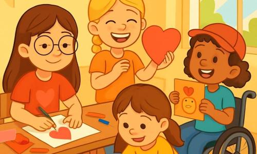Er zijn 4 kinderen: Lotte, een 9-jarig meisje met lang bruin haar en ronde brillen, zit aan een grote houten tafel en tekent een Valentijnskaart. Noor, een 8-jarig meisje met een vlecht en een stralende glimlach, staat naast Lotte en houdt een groot papieren hart trots omhoog. Kim, een 9-jarig meisje met kastanjebruin haar in twee staartjes, zit op de grond omringd door kleurpotloden en glitters, terwijl ze stickers op haar kaart plakt. Sophie, een 9-jarig meisje met krullend haar en een petje, zit in haar rolstoel en houdt een kaart met een grappige tekening vast, terwijl ze vrolijk naar haar vriendinnen lacht. De ruimte is licht en warm, met pastelgele muren en een grote houten tafel vol kleurrijke papieren, scharen en potloden. Papieren hartjes hangen aan het plafond en het zonlicht valt door het raam naar binnen, waardoor de ruimte verlicht wordt. De kinderen zijn bezig met het maken van Valentijnskaarten, lachen en hebben plezier, omringd door kleurrijke versieringen en een blije sfeer, klaar om hun liefde en vriendschap te delen met de buurt.