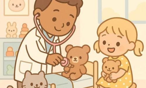 Un medico uomo sorridente e premuroso, capelli castani corti, camice bianco pulito, occhi dolci, tiene uno stetoscopio rosa vicino a un orsacchiotto su un lettino mentre inclina la testa; una bambina, Sara, circa 4 anni, capelli biondi a codini, vestito giallo a pois, tiene il suo orsacchiotto e sorride al medico seduta su uno sgabello accanto al lettino; un gattino grigio di nome Max, pelo soffice e occhi vivaci, è su un cuscino ai piedi del lettino e scodinzola; la stanza è uno studio pediatrico con pareti pastello (rosa chiaro e azzurro), poster di animali sorridenti, giocattoli su mensole basse e una grande finestra che diffonde luce soffusa; situazione: il medico esamina teneramente l'orsacchiotto in un'atmosfera calda e tranquilla, colori e forme morbide che trasmettono fiducia e sicurezza.