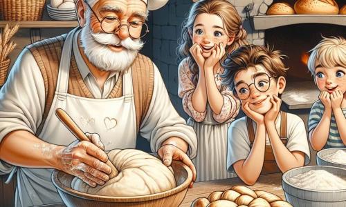 Un vecchio panettiere, Mastro Giorgio, un uomo di mezza età con una barba bianca e occhiali rotondi, sorride calorosamente mentre impasta della pasta per il pane in una grande ciotola di legno. Indossa un grembiule bianco macchiato di farina e ha rughe che testimoniano la sua saggezza e esperienza. Accanto a lui, Chiara, una bambina di 8 anni con capelli castani e ricci, osserva con meraviglia, le mani piene di farina, cercando di modellare un pane a forma di treccia. Marco, un ragazzo di 9 anni con occhiali e lentiggini, ride mentre cerca di creare un piccolo pane rotondo, mentre Luca, un ragazzo di 7 anni con capelli biondi, si impegna a fare un cuore con il suo pezzo di pasta, gli occhi scintillanti di concentrazione. La scena si svolge in un forno caldo e accogliente, pieno di sacchi di farina, cesti di vimini e un grande forno in mattoni dove il pane dorato cuoce lentamente, sprigionando un delizioso profumo. La situazione principale mostra Mastro Giorgio che insegna ai bambini l'arte della panificazione, le mani piene di pasta, mentre ridono e si divertono insieme, creando ricordi preziosi attorno alla magia della produzione del pane.