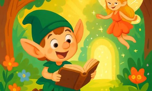 Un follet gioioso di nome Lillo, con grandi orecchie a punta e un cappello verde brillante, danza in una radura soleggiata, il suo volto splendente di felicità e meraviglia. Indossa una tunica di foglie e scarpe di pelle, e tiene un vecchio libro magico aperto davanti a sé, gli occhi spalancati per la curiosità. Accanto a lui, Fiammetta, una bella fata luminosa con ali scintillanti, fluttua nell'aria. Ha lunghi capelli dorati e un vestito fatto di petali di fiori. Sorride gentilmente a Lillo, incoraggiandolo nella sua ricerca. Il paesaggio è un magnifico boschetto, pieno di alberi con tronchi nodosi e chiome dorate, con fiori colorati che danzano al vento. I raggi di sole filtrano tra le foglie, creando bagliori di luce magica sul terreno. La scena principale mostra Lillo e Fiammetta che scoprono il cuore del bosco, un portico scintillante che brilla intensamente, circondato da creature fantastiche curiose che li osservano con occhi meravigliati.