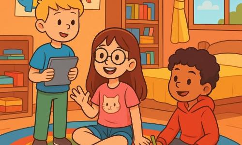 Hay 3 personajes: - Martina: una niña de 8 años con cabello largo y castaño y gafas redondas. Lleva una camiseta rosa con un diseño de gato y un short de mezclilla. Está sentada en una alfombra colorida, rodeada de sus amigos, con una sonrisa entusiasta. - Diego: un niño de 8 años con cabello corto y rubio. Lleva una camiseta azul y un pantalón verde. Está de pie, sosteniendo una tableta en sus manos, mirando a sus amigos con curiosidad. - Lucas: un niño de 8 años con cabello rizado y negro. Lleva una sudadera roja y un pantalón gris. Está sentado en posición de loto en la alfombra, dibujando con lápices de colores. La escena principal tiene lugar en la habitación de Martina, decorada con pósters de dibujos animados y una gran alfombra colorida. Hay una estantería llena de libros y juegos de mesa, y una ventana que deja entrar la luz del sol, creando un ambiente cálido y acogedor. La situación muestra a los tres amigos hablando alegremente sobre lo que van a hacer: jugar a un juego de cartas, ver videos o dibujar juntos. La ilustración captura su entusiasmo y complicidad, con expresiones alegres en sus rostros y elementos de juego a su alrededor.