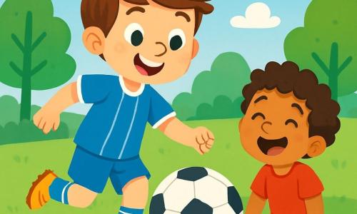 Um garoto de 8 anos, Lucas, sorridente e cheio de energia, veste um uniforme de futebol azul vibrante com listras brancas. Ele está driblando uma bola de futebol em um campo verde, com os cabelos castanhos ao vento e os olhos brilhando de alegria. Ao lado dele, seu amigo João, também de 8 anos, tem cabelos cacheados e veste uma camiseta vermelha. Ele está de joelhos na grama, rindo após ter caído, com um grande sorriso no rosto. O campo de futebol é cercado por árvores verdes e um céu azul brilhante, com algumas nuvens brancas fofas. Flores coloridas embelezam a borda do campo, acrescentando um toque alegre à cena. Lucas está jogando futebol com seus amigos, correndo com entusiasmo, enquanto João se levanta rindo, ilustrando o espírito de equipe e amizade.