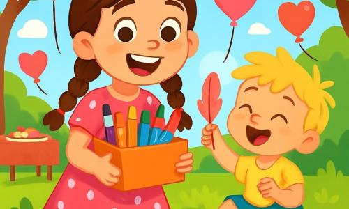 A 6-year-old girl named Milly, with long brown braided hair, is wearing a pink dress with white polka dots. She has a big joyful smile and sparkling eyes of excitement as she holds a box of colorful art supplies. Next to her, her 3-year-old little brother Benny, with messy blonde hair, is playing with a pink feather, laughing and having fun in the green grass. The park is filled with heart-shaped balloons floating in the blue sky, red and pink paper garlands decorating the trees, and a cookie decoration table is visible in the background. Milly is preparing a Valentine's card, surrounded by sparkling glitter and colorful markers, while laughter and cheerful singing resonate around them.