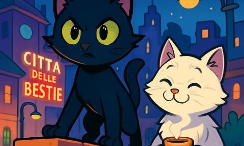 Un giovane gatto nero di nome Miro, con un pelo lucido e occhi verdi pieni di eccitazione, si trova su un muretto di mattoni, le zampe leggermente divaricate, pronto a saltare. Mostra un'espressione determinata, le orecchie dritte che captano ogni suono della città. Accanto a lui, una vecchia gatta di nome Nonna Tila, con pelo bianco e un'aria saggia, lo guarda con un sorriso benevolo, tenendo una tazza di tè fumante tra le zampe. Sullo sfondo, la Città delle Bestie si estende, con edifici colorati dalle forme strane, neon scintillanti e lampioni che sembrano danzare nella notte stellata. La scena si svolge al calar della notte, mentre Miro si prepara a tuffarsi nell'avventura, circondato dai suoni di una città che si risveglia alla magia.