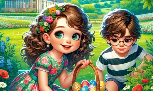 No centro da imagem, Clara, uma menina de 8 anos com cabelos cacheados e olhos brilhantes de curiosidade, está de joelhos em um campo verdejante, com um grande sorriso iluminando seu rosto. Ela usa um vestido colorido com flores e segura uma cesta de vime cheia de ovos de Páscoa multicoloridos, enquanto examina o chão em busca de um ovo dourado. Ao lado dela, seu amigo Lucas, um menino de 8 anos com cabelos castanhos e óculos redondos, está inclinado para frente, examinando atentamente um arbusto. Ele veste uma camiseta listrada e shorts, com uma expressão concentrada e entusiasmada. Ao fundo, a fazenda dos avós de Clara se ergue majestosa, com paredes de madeira e um telhado vermelho, cercada por campos floridos onde papoulas e margaridas dançam ao vento. Árvores verdes emolduram a paisagem, e o céu é de um azul vibrante, salpicado de nuvens brancas e fofas. A cena principal mostra Clara e Lucas em plena caça aos ovos de Páscoa, procurando animadamente por um ovo dourado misterioso, enquanto borboletas coloridas voam ao redor, adicionando um toque de magia a este lindo dia de primavera.