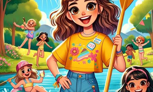 A 12-year-old girl named Lily, with long wavy brown hair, is wearing a bright yellow t-shirt and denim shorts. She has a big smile full of excitement and adventure, holding a paddle in one hand and a cup of juice in the other. Next to her is her best friend Maya, also 12, with short black hair, wearing a colorful swimsuit and a sarong. She is laughing, her eyes sparkling with joy, holding a bucket filled with water balloons. The backdrop features a sparkling lake under the sun, surrounded by tall green trees and a flower-filled meadow. In the background, children are having fun on a waterslide, and laughter fills the air. The main scene shows Lily and Maya ready to participate in a canoe race, surrounded by campmates, all eager and full of energy, ready for a day of summer adventures.