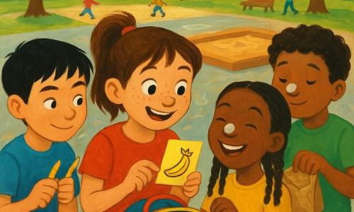 Eight-year-old Maya, cheerful and slightly nervous with brown pigtails and freckles, holds an open colorful backpack and looks at a small yellow note with a crowned banana drawing; to her left Leo, an 8-year-old mischievous boy with short black hair, taps two pencils like a secret signal; to her right Nia, an 8-year-old proud, playful girl with dark skin and braids, balances an eraser on her nose laughing; behind them Omar, an 8-year-old quiet, hungry boy with curly hair, opens a crinkling bag of chips. They gather around the backpack on a lively playground with chalked concrete, a sandbox, benches and trees, laughing and pointing at the note while a small drawn "boop" bubble adds a light, funny tone.