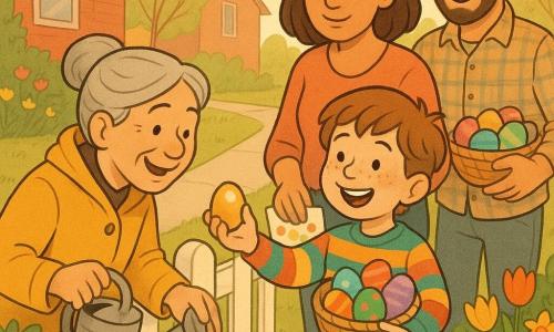 A joyful 6-year-old boy with messy brown hair, freckles and a wide smile, wearing a colorful striped sweater and holding a basket of painted eggs, offers a golden egg through a white garden gate to a friendly, surprised Mrs. Patel, about 50, with gray hair in a bun and a yellow raincoat holding a watering can; nearby the mother, 30–40, brown hair in casual clothes, holds a paper card dotted with jellybean marks, and the father, 30–40, with light beard and a plaid shirt, stands behind laughing and holding another basket of colorful eggs; morning neighborhood sidewalk with fresh green lawn, tulips and daffodils, brick houses in the background, warm golden sunlight, a trail of painted eggs, bright colors and soft rounded lines.