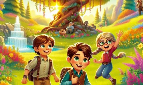 Într-o poiană luminoasă, trei aventurieri mici se pregătesc să exploreze. Razvan, un băiat de 8 ani cu părul castaniu și ochii strălucitori, ține o piatră magică în mână, zâmbind entuziast. Daria, o fetiță de 7 ani cu părul blond împletit, sare de bucurie lângă el, arătând spre un copac uriaș plin de flori. Luca, un băiat de 9 ani cu părul scurt și ochelari, stă pe scaunul său cu rotile, zâmbind și admirând peisajul. Natura din jur este vibrantă, cu flori colorate și o fântână strălucitoare în fundal. Cei trei se pregătesc să descopere comoara ascunsă în tunelul misterios de lângă copac.