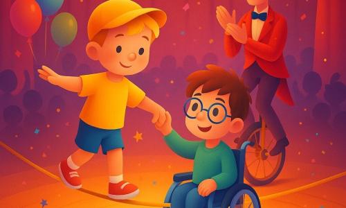 Drie personages: een jongen van ongeveer 5 jaar met kort blond haar en gele pet loopt op een koord links in het midden met uitgestrekte armen, een andere jongen van ongeveer 5 jaar met bruin warrig haar, blauwe rolstoelsteun en ronde bril zit rechts naast het koord en houdt de hand van de eerste jongen terwijl hij vertrouwen uitstraalt, en een volwassen man van ongeveer 40 jaar, lang en slank met dunne snor en rood glinsterend jasje, rijdt op een eenwieler achter de kinderen en klapt; locatie: grote ronde circuspiste van glanzend hout, warme oranje en roze spots, rood gordijn met gouden franjes en lichtslingers, ballonnen en confetti, publiek in de zitjes; situatie: de twee kinderen steken samen het koord over, hand in hand, moment van succes en samenwerking, feestelijke sfeer en felle kleuren.