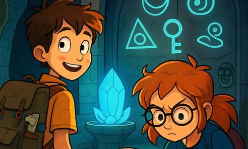 A young boy, Elliot, about 12 years old with messy brown hair and sparkling curious eyes, stands in front of an iron door adorned with mysterious symbols. His face shows a mix of excitement and apprehension, and he carries a worn backpack filled with exploration tools. Next to him is a girl, Iris, also 12, with tousled red hair and round glasses, intently examining an old journal. She leans over a map, her brows furrowed in determination. The setting is a vast underground chamber, illuminated by a bluish glow from a large crystal at the center, surrounded by sparkling crystal columns. The walls are made of ancient bricks covered in moss, with tree roots intertwining in the cracks. The main scene depicts Elliot and Iris ready to open the mysterious door, their hearts racing with excitement and fear as echoing threatening voices resonate from the dark tunnel behind them.