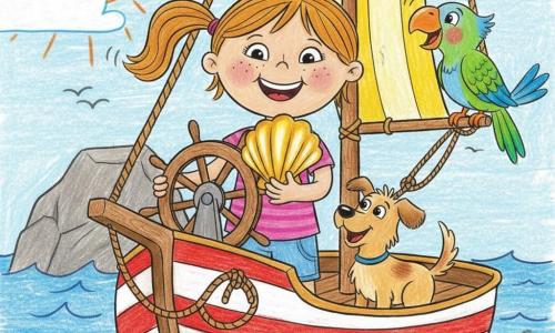 Mia, an about-8-year-old girl with a round freckled face and chestnut pigtails, smiles bravely at the wheel of a wooden boat while proudly holding a shiny golden shell; nearby Woof, a small light-brown joyful dog wags his tail on the deck, and Pip, a vivid green-and-blue parrot, perches on the mast laughing; the small red-and-white wooden boat has a yellow-striped sail and bold rope lines, set on a calm blue sea with rounded waves, a large gray rock in the background and a sky with a big orange sun and fluffy white clouds; the characters gather around the shell with amazed expressions in a centered composition, bright colors, simple strokes and thick outlines.