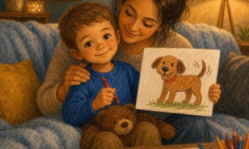 Milo is een jongen van 4 jaar met een rond gezicht en kort lichtbruin haar; hij houdt een grote rode kleurpotlood en toont trots zijn tekening van een kwispelende hond. Zijn moeder (30–35 jaar) met bruin haar in een losse knot en een zachte glimlach houdt Milo vast en heeft een hand op zijn schouder, zittend links van hem op de bank. Een zacht bruin knuffelbeertje ligt op zijn schoot. De bank heeft een lichtblauwe deken en mosterd- en grijze kussens; de kamer is warm verlicht door een vloerlamp. Op de salontafel liggen vellen en kleurpotloden en een tekening van een hond met een groot bot en een gele zon. De sfeer is kalm en geruststellend, avondelijke intieme binnenruimte.