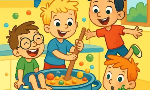 Er zijn 4 kinderen: - Floris: een 7-jarig jongetje met messy blond haar en sprankelende ogen. Hij draagt een blauwe t-shirt en een rode short. Hij staat in het midden en houdt een grote houten lepel vast, klaar om de soep te roeren. - Pim: een 6-jarig jongetje met ronde bril en bruin haar. Hij lacht terwijl hij op de rand van de grote pan zit, met zijn voeten in het water. - Raf: een 7-jarig jongetje met zwart haar en veel energie. Hij springt op één voet naast de pan met een grote glimlach op zijn gezicht. - Sem: een 6-jarig jongetje met rood haar en een knuffeldraak in zijn armen. Hij zit op zijn hurken naast de pan en kijkt met grote ogen naar de soep. De scène speelt zich af in een kleurrijke en vrolijke keuken met felgele muren. Planken zijn vol met potten jam en kookboeken, en een groot raam laat zonlicht binnen dat de soepspetters verlicht. De kinderen bereiden een magische drank voor om te leren vliegen, maar in plaats daarvan maken ze een soep die iedereen aan het lachen maakt en spetteren, met kleurrijke bellen die de lucht in stijgen.
