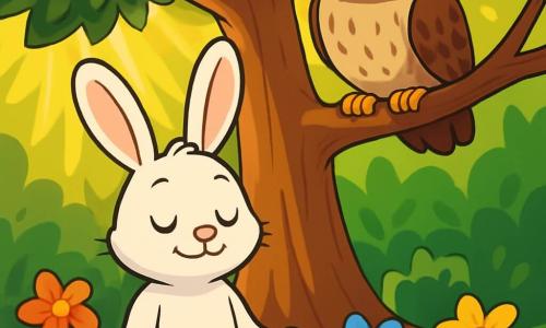 Ein kleiner Hase namens Hoppel mit großen, weichen Ohren und strahlend weißem Fell sitzt friedlich unter einem großen Baum mit üppigem grünem Laub. Er hat ein friedliches Lächeln auf dem Gesicht, die Augen geschlossen und atmet tief ein, umgeben von bunten Blumen, die sanft im Wind tanzen. Neben ihm sitzt eine weise Eule namens Orion mit großen goldenen Augen und geflecktem braunem Gefieder auf einem Ast. Er schaut Hoppel wohlwollend an, mit einem leichten Lächeln, als ob er ein beruhigendes Geheimnis teilt. Der Ort ist ein geheimer Garten, durchflutet von goldenem Licht, mit Sonnenstrahlen, die durch die Blätter filtern, die bunten Blumen beleuchten und eine Atmosphäre von Ruhe und Magie schaffen. Hoppel meditiert umgeben von natürlicher Schönheit, während Orion ihm die Magie der Stille und des inneren Friedens lehrt und eine entspannende und wohlfühlende Stimmung erzeugt.