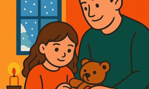 Una bambina di 6 anni, Lucia, con occhi brillanti come lanterne, è seduta vicino a una finestra. Ha un viso sereno e concentrato, con capelli castani che cadono in morbidi riccioli sulle spalle. Tiene in mano un orsacchiotto con una toppa rossa sul gomito, che ha appena riparato. Un uomo sui trent'anni, suo padre, è accanto a lei, sorridendo calorosamente. Ha le mani leggermente arrossate dal freddo e uno sguardo benevolo. La scena si svolge in una stanza calda e luminosa, con pareti decorate con ghirlande natalizie scintillanti e una piccola candela accesa che diffonde una luce soffusa. Dalla finestra, si vede la neve che cade dolcemente, coprendo il paesaggio esterno con un manto bianco. Lucia e suo padre guardano insieme la ghirlanda che hanno riparato, illuminando la stanza con una luce dolce e festosa.