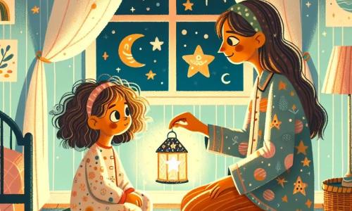 Una bambina di 2 anni, Sofia, con grandi occhi brillanti e capelli ricci, è seduta sul suo letto, con un sorriso timido sul viso. Tiene una piccola lanterna a forma di stella che emette una dolce luce dorata. Sua madre, una donna di circa trent'anni con capelli lunghi e castani, è seduta accanto a lei, offrendole uno sguardo rassicurante. Indossa un pigiama colorato con motivi di nuvole e lune e le sta mostrando la lucina stellata che brilla nella stanza. La scena si svolge in una camera per bambini accogliente, decorata con muri pastello e poster di pianeti e stelle. Una leggera tenda ondeggia dolcemente alla finestra, lasciando intravedere un cielo stellato. Sofia, un po' nervosa ma confortata dalla presenza di sua madre, guarda con meraviglia la luce della sua lanterna, mentre la madre le spiega che anche le stelle brillano nel buio.