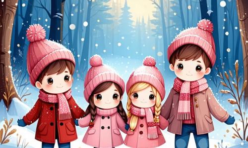 En un bosque encantado, cuatro amigos están juntos, rodeados de nieve brillante. Lucas, un niño de tres años con cabello castaño y ojos brillantes, lleva un abrigo rojo vivo y un gorro a juego. A su lado, Sofía, una niña de cuatro años con largas trenzas rubias, viste una bufanda rosa y un abrigo de lunares. Juan, un niño de cinco años con gafas redondas y cabello negro, lleva una bufanda azul y un abrigo verde. Finalmente, Carla, una niña de cuatro años con mejillas sonrosadas y cabello castaño rizado, lleva un abrigo morado y un gorro de lana. El decorado es mágico: grandes árboles cubiertos de nieve brillante, luces de colores que comienzan a brillar en un enorme abeto en el centro, y copos de nieve que caen suavemente del cielo. Los amigos cantan alegremente alrededor del abeto, sus rostros iluminados por la magia de la Navidad, mientras un pequeño duende sonriente aparece entre las ramas, aportando un toque de magia a la escena.