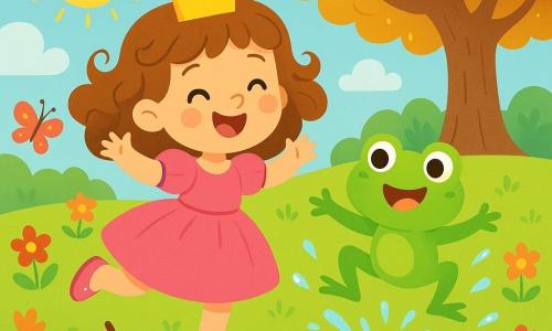 Een kleine prinses, Lila, glimlachend en vrolijk, draagt een stralende roze jurk en glanzende schoenen. Ze springt van blijdschap, met haar krullende haar dat om haar heen waait. Naast haar springt Kiko, een kleine groene kikker met grote, sprankelende ogen, in een plas water en spettert glinsterende druppels om hen heen. Hun omgeving is een grote betoverde open plek, vol met kleurrijke bloemen, dansende vlinders en een enorme magische boom met gouden bladeren die onder de zon schitteren. In het midden van de scène rolt een grote blauwe appel over de grond, wat een vleugje magie toevoegt aan de vrolijke sfeer. Lila en Kiko hebben plezier samen, lachend en spelend rond de appel, wat een sfeer van geluk en magie creëert in dit betoverde koninkrijk.