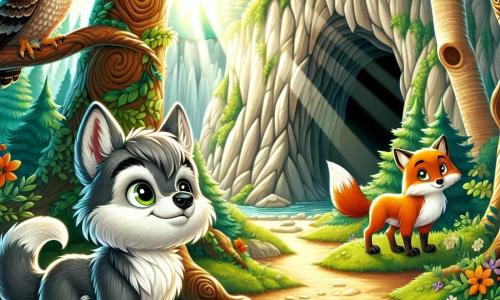 En el centro de la imagen, un joven lobo llamado Lupo, pequeño y lindo, con pelaje gris y ojos brillantes de curiosidad, se encuentra valientemente frente a una gran caverna. Su expresión es decidida, pero también un poco ansiosa, mientras se prepara para entrar en la caverna del Gran Lobo Feroz. A su derecha, un astuto zorro llamado Zafiro, con pelaje naranja brillante y ojos traviesos, observa la escena con una sonrisa confiada, listo para apoyar a Lupo en su aventura. A la izquierda, una sabia lechuza llamada Oliva, con plumas marrones y grandes ojos redondos, flota ligeramente en el aire, mostrando una expresión de reflexión, como si estuviera planeando el siguiente paso. El escenario es un hermoso bosque verde, con árboles majestuosos de hojas de un verde brillante, y rayos de sol filtrándose a través de las ramas, iluminando el camino que lleva a la caverna oscura y misteriosa. La situación principal muestra a Lupo, decidido a descubrir la verdad sobre el Gran Lobo Feroz, listo para entrar en la caverna, mientras sus amigos lo animan y lo observan con esperanza y apoyo.