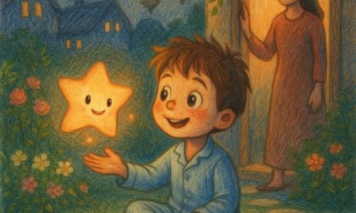 Niño de 6 años, ojos grandes y brillantes, rostro redondo con leves pecas y pelo castaño alborotado, sonriente y maravillado, sentado en el césped del jardín con pijama azul, tendiendo la mano hacia una pequeña estrella parlante del tamaño de una palma, dorada con reflejos blanco-durazno, ojos brillantes y sonrisa dulce, flotando sobre su mano y emitiendo un resplandor cálido; la madre (30–35 años), pelo largo recogido y vestido sencillo, está junto a la puerta del jardín con la mano en el marco, mirando con ternura; jardín nocturno con césped, parterres de rosas y jazmín, pequeño sendero de piedras, lámparas colgantes de luz tenue y casas vecinas con ventanas iluminadas; noche tranquila de Ramadán, atmósfera mágica y de gratitud, colores cálidos en el centro (dorado, naranja) y tonos azules profundos en el cielo; estilo: lápices de colores, trazos suaves y textura visible, luz cálida y contraste sutil entre el brillo de la estrella y la noche.