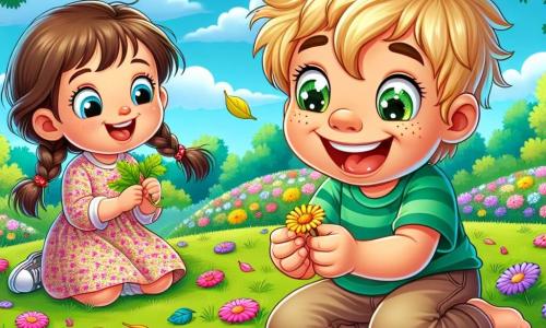 A 1-year-old boy with messy blonde hair and sparkling eyes is sitting in the green grass of the park, a big smile on his face. He holds a small yellow flower in his hands, marveling at its beauty. Next to him, a 5-year-old girl with braided brown hair and a pink floral dress is picking up colorful leaves. She looks at Max with a friendly smile, sharing his enthusiasm for treasure hunting. In the background, the park is filled with vibrant flowers in various colors: pink, purple, and yellow, while leafy trees gently sway in the spring breeze. The sky is bright blue with a few fluffy white clouds. The main scene shows Max and his friend exploring, laughing, and playing together, surrounded by the beauty of nature, discovering the wonders of spring.