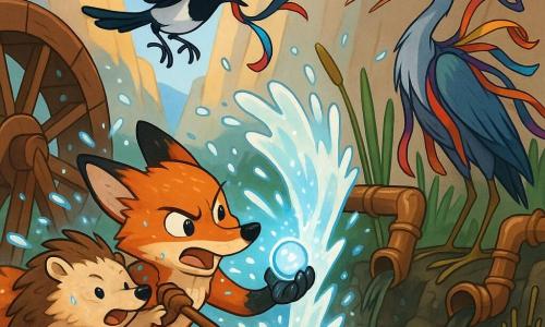 Milo, a young red fox with black ears, wet fur and a determined face, yanks a leather strap by a large wooden wheel while holding a small cold-glowing crystal; Brin, a brave beige hedgehog, pressed to Milo’s side, tosses a pouch of green powder into reed pipes; Juniper, a glossy black-and-white magpie with a mischievous look, circles above clutching a colorful ribbon from Sablequill’s coat; Sablequill, a tall blue-gray heron in a coat of flowing ribbons, reels back surprised near broken bone-and-reed pipes leaking dirty water; in a mountain basin with a clear central pool, wet gray stones, green moss and light steam, the crystal suddenly lights up and the trapped water bursts out in a clear cascade, splashing the group as pipes break and their faces show relief and triumph.